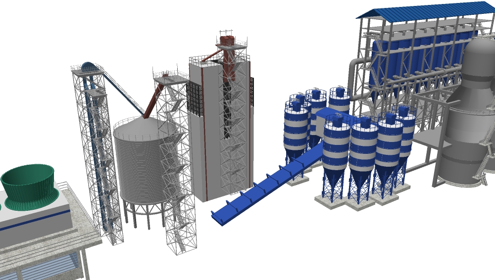 3D SketchUp of modern industrial equipment for factories, grain storage and tanks